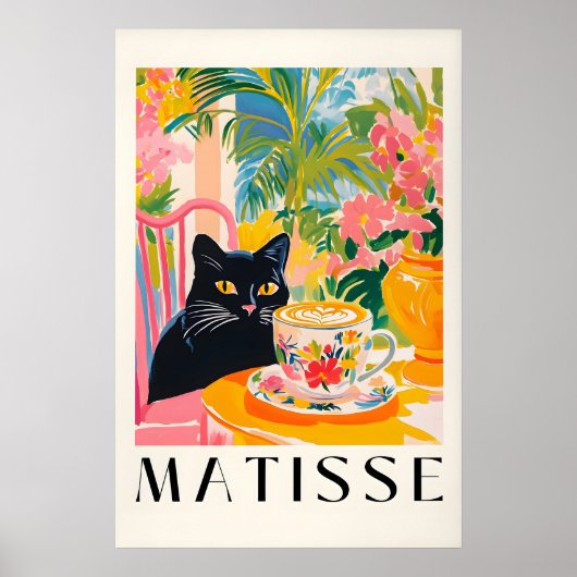 Poster Chat noir buvant du café dans le style amusant de (Devant)