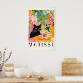 Poster Chat noir buvant du café dans le style amusant de (Cuisine)