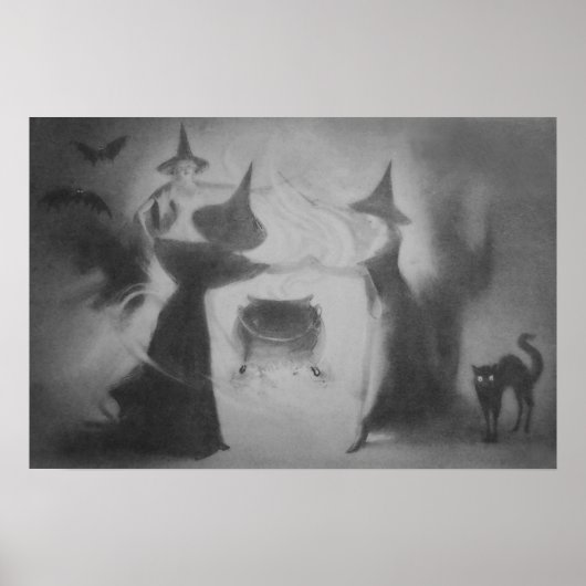 Poster Chat Noir Cauldron Nuit Chauve Sorcière Monochrome (Devant)