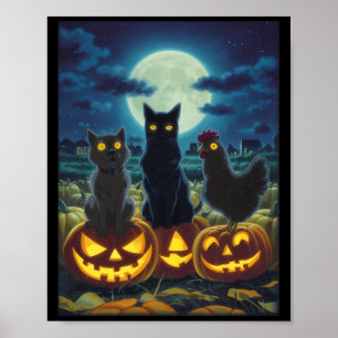 Poster Chat noir Chien Poulet Halloween Citrouille Épouva