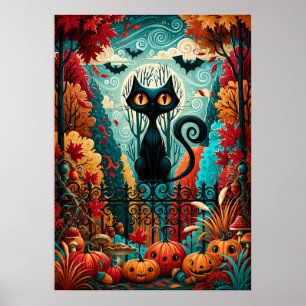 Poster Chat noir citrouille fantaisie au clair de lune
