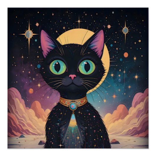 Poster Chat noir cosmique futuriste atomique au clair de (Devant)