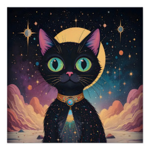 Poster Chat noir cosmique futuriste atomique en clair de 