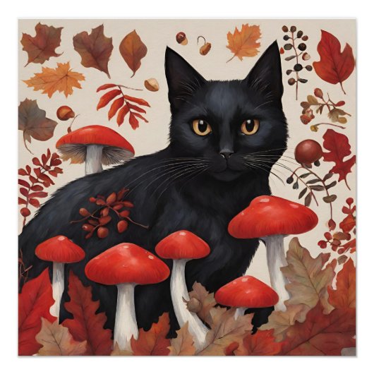Poster Chat noir dans la forêt d'automne (Devant)