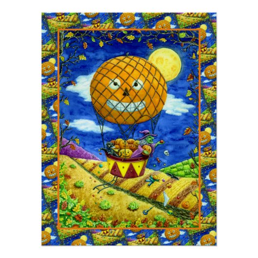 POSTER CHAT NOIR DANS L'AIR CHAUD BALLON HUMOUR ART FOLK (Devant)