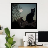 Poster Chat noir dans un arbre devant une Pleine lune (Bureau à domicile)