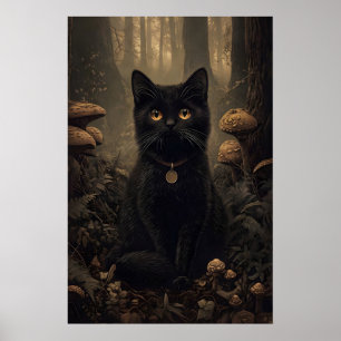 Poster Chat noir dans une forêt sombre d'automne avec des