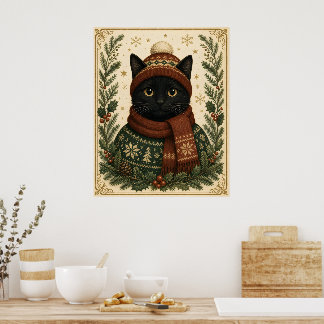 Poster Chat noir de Noël vintage