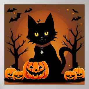Poster Chat noir d'Halloween Citrouilles lumineuses Épouv