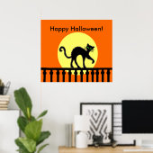 Poster Chat noir d'Halloween sur une clôture sous la lune (Bureau à domicile)