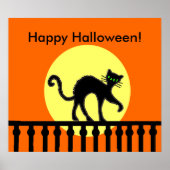 Poster Chat noir d'Halloween sur une clôture sous la lune (Devant)
