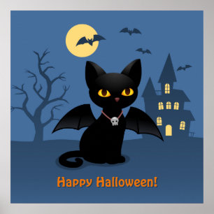 Poster Chat noir d'Halloween Vampire avec des ailes
