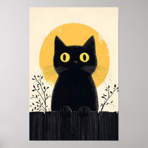 Poster Chat noir drôle avec pleine lune