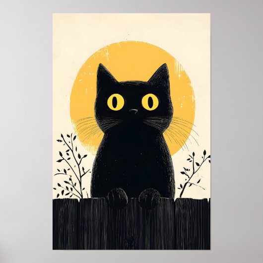 Poster Chat noir drôle avec pleine lune (Devant)