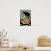 Poster Chat noir drôle avec Poisson (Cuisine)