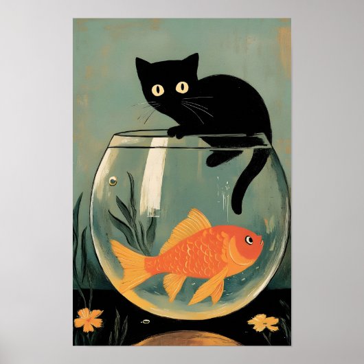 Poster Chat noir drôle avec Poisson (Devant)