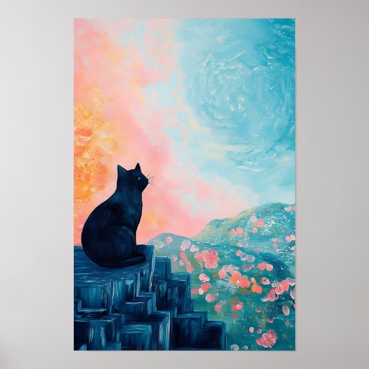 Poster Chat noir drôle Banane et Vase de fleurs  (Devant)