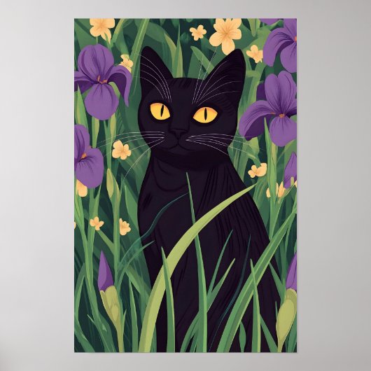Poster Chat noir drôle et belle fleur (Devant)
