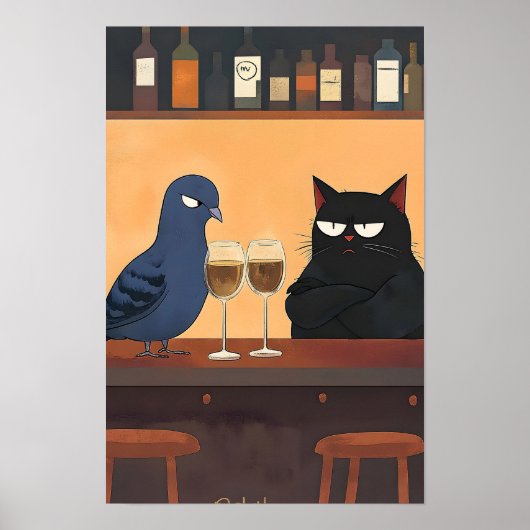 Poster Chat noir drôle et oiseau (Devant)