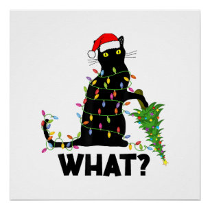 Poster Chat noir drôle poussant l'arbre de Noël sur le ch
