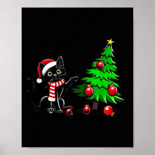Poster Chat noir drôle poussant l'arbre de Noël sur le ch