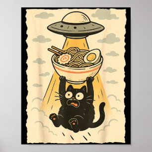 Poster Chat noir drôle Ufo Ramen enlèvement Alien graphiq