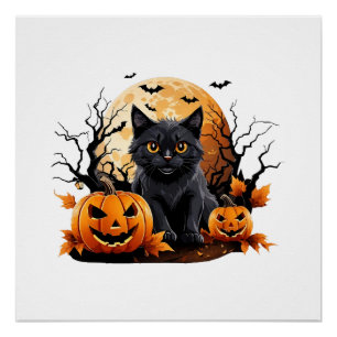 Poster Chat noir entouré de citrouilles