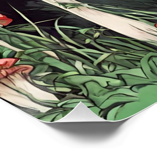 Poster Chat noir et champignons rouges sauvages Nature (Coin)