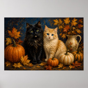 Poster Chat noir et chat orange Halloween vintage