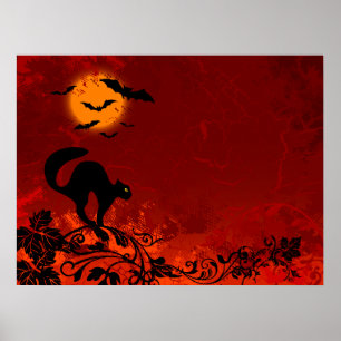 Poster Chat noir et chauve-souris d'Halloween