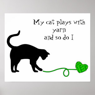 Poster Chat noir et fil en forme de coeur (vert de chaux)