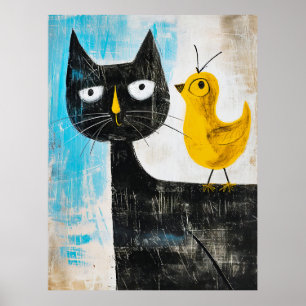 Poster Chat noir et oiseau jaune – Art moderne fantaisist