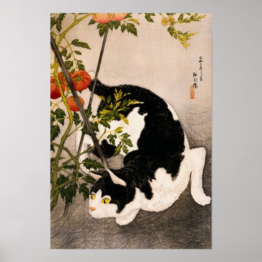 Poster Chat noir et Plante à la tomate par Takahashi Hiro (Devant)
