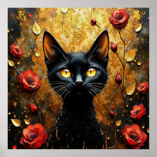 Poster Chat noir et roses