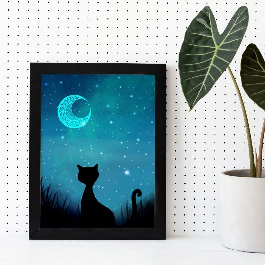 Poster Chat noir étincelle ciel étoilé illustration moder