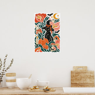 Poster Chat noir fantaisiste Halloween Botanique Art Popu