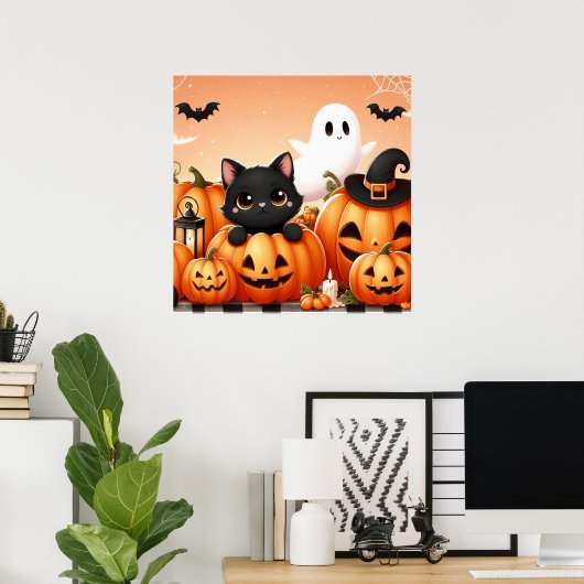 Poster Chat noir, fantôme et Jack-O-Lanterns (Bureau à domicile)