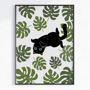 Poster Chat Noir Feuilles Tropicales Amoureux des Plantes