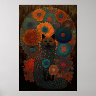 Poster Chat noir floral avec design d'ombre lumineux