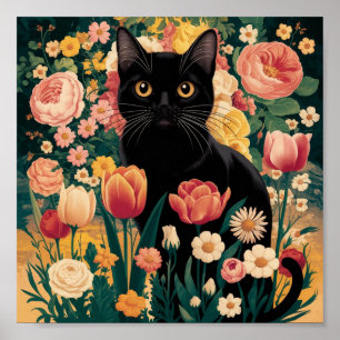 Poster Chat noir floral Gustav Klimt, Eclectique Vintage