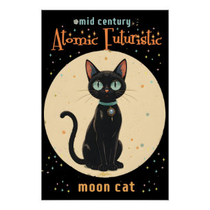 Poster Chat noir futuriste atomique avec lune et texte