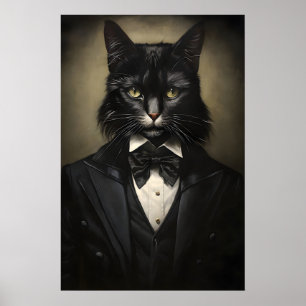 Poster Chat noir gothique en costume imprimé, Dark Academ