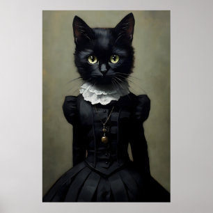 Poster Chat noir gothique en robe imprimée, Dark Academia