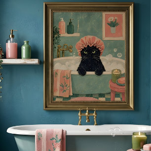 Poster Chat noir grincheux à l'heure du bain Art rétro vi