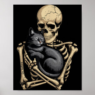 Poster Chat noir Halloween Squelette Câlinant Chat Drôle
