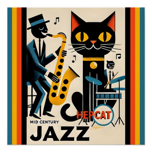 Poster Chat Noir HepCat d'Ère du Jazz Milieu du Siècle (Devant)