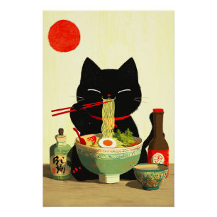 Poster Chat noir heureux mangeant du Ramen   Ukiyo-e japo