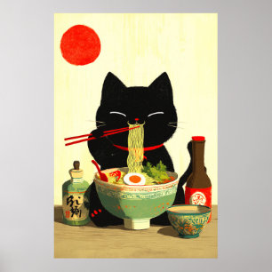 Poster Chat noir heureux mangeant du Ramen   Ukiyo-e japo