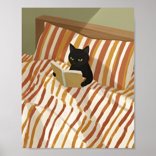 Poster Chat noir lisant au lit | Chambre paisible | Chat (Devant)