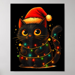 Poster Chat noir lumières de sapin de Noël drôle Santa ch